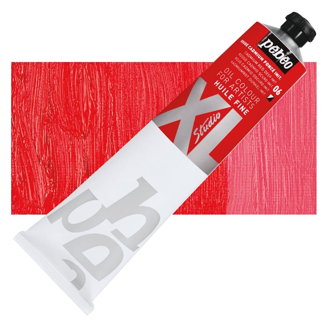 Open in modal - Pebeo XL Studio Oil Paint - Cadmium Red Deep Imitation, 200 ml Tube and swatch