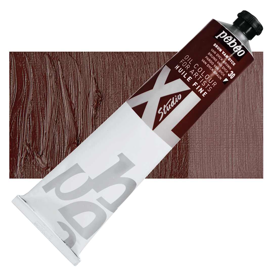 Open in modal - Pebeo XL Studio Oil Paint - Van Dyck Brown, 200 ml Tube and swatch