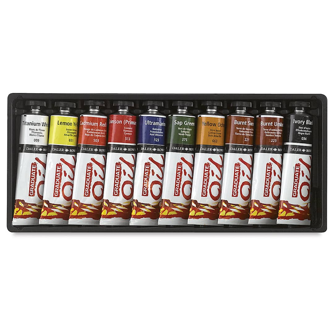 Open in modal - Daler-Rowney Graduate Oil Paint Set - 10 colors shown in storage tray
