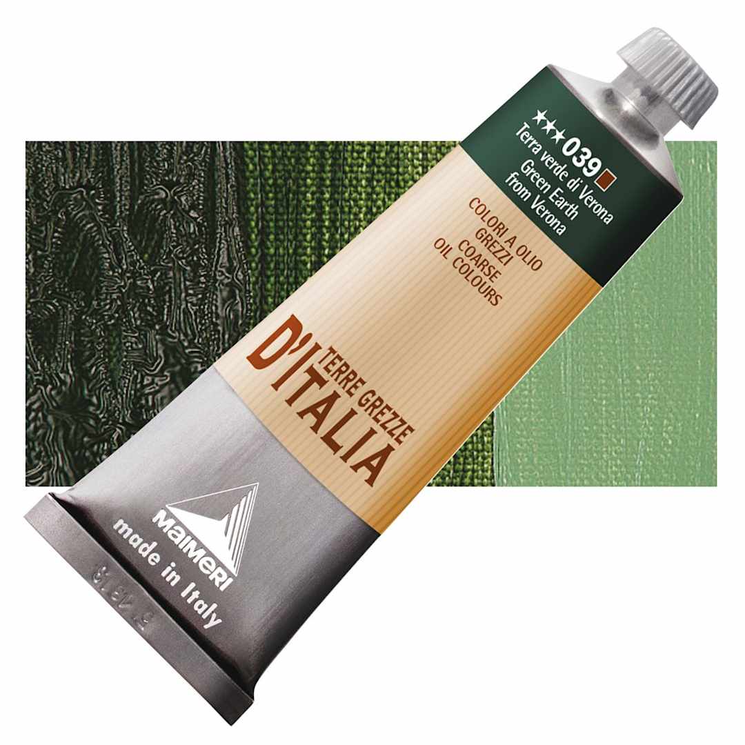 Open in modal - Maimeri Italian Natural Earth Oil Paint - Green Earth from Verona, 60 ml tube and swatch