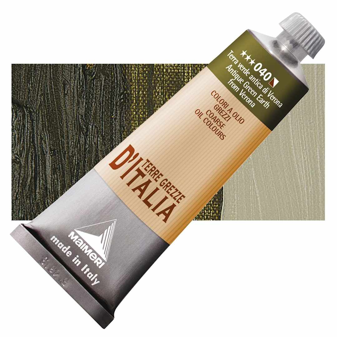 Open in modal - Maimeri Italian Natural Earth Oil Paint - Antique Green Earth from Verona, 60 ml tube and swatch