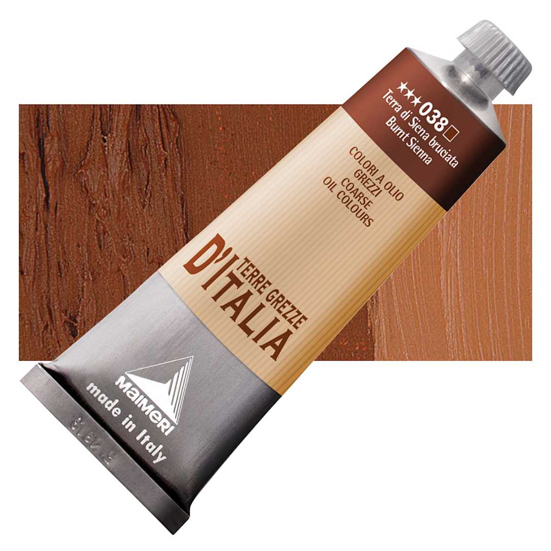 Open in modal - Maimeri Italian Natural Earth Oil Paint - Burnt Sienna, 60 ml tube and swatch