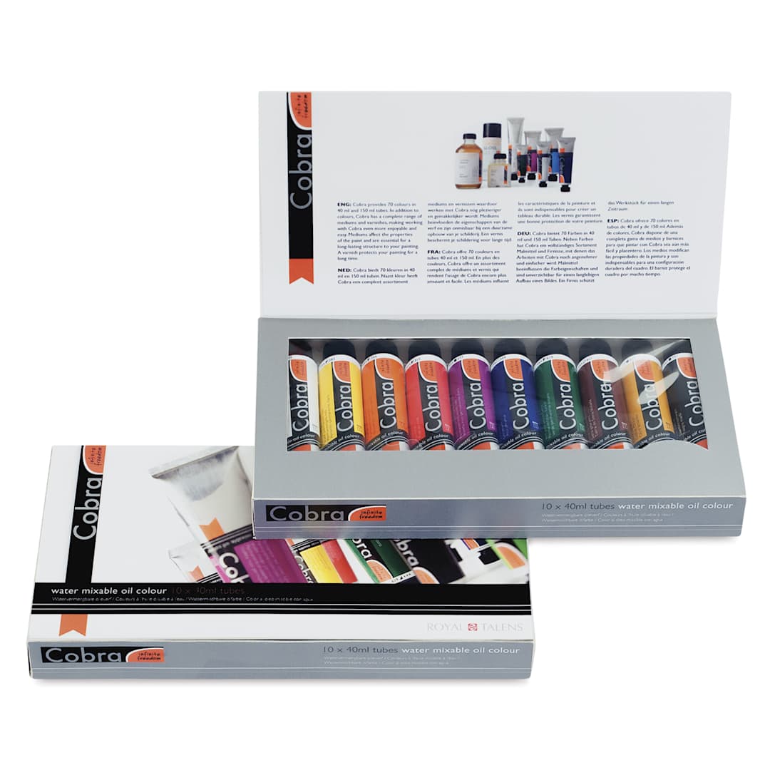 Open in modal - Cobra Artist Water Mixable Oil Paint - Set of 10, Value, 40 ml tubes, contents with packaging