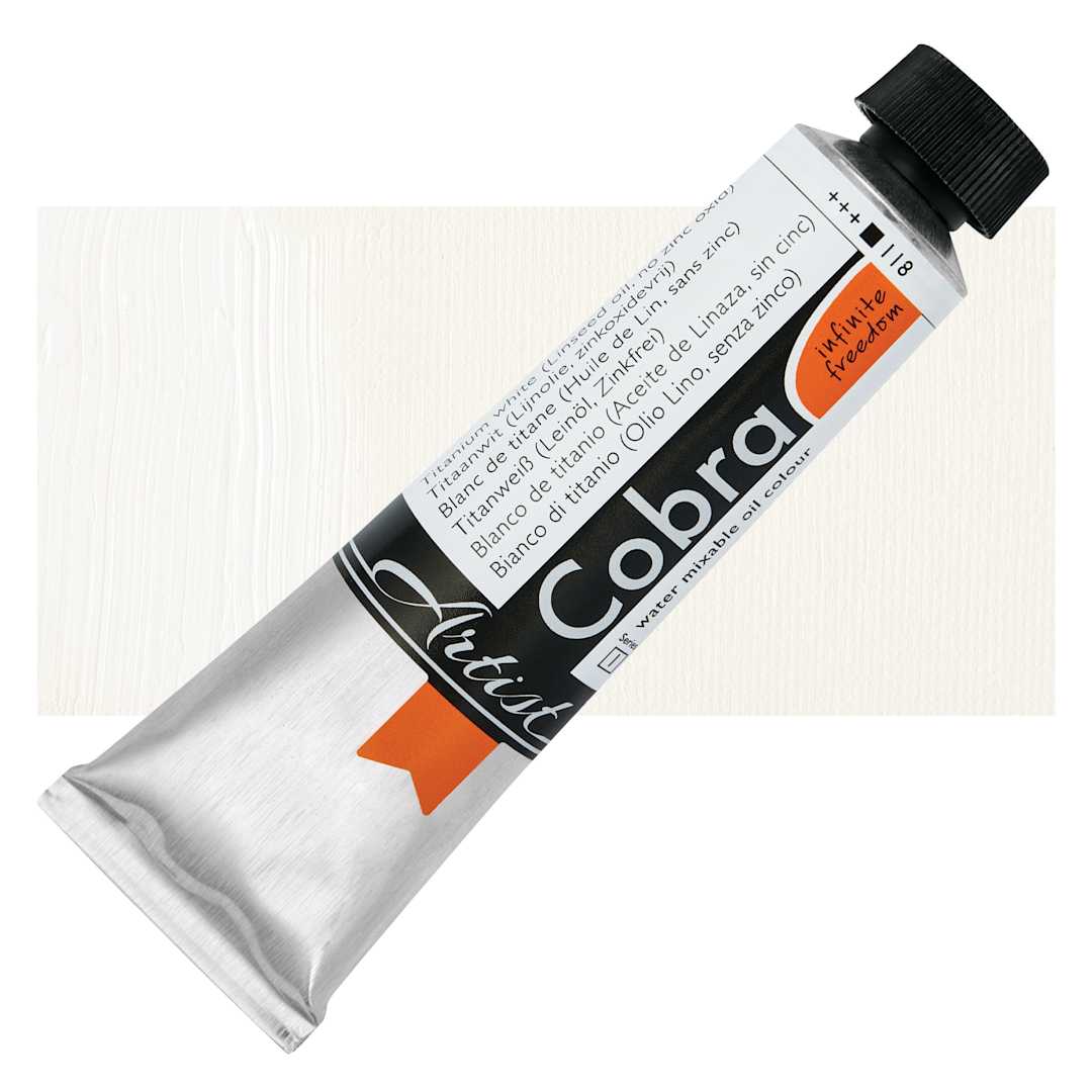 Open in modal - Cobra Artist Water Mixable Oil Paint - Titanium White, Linseed Oil, 40 ml tube and swatch