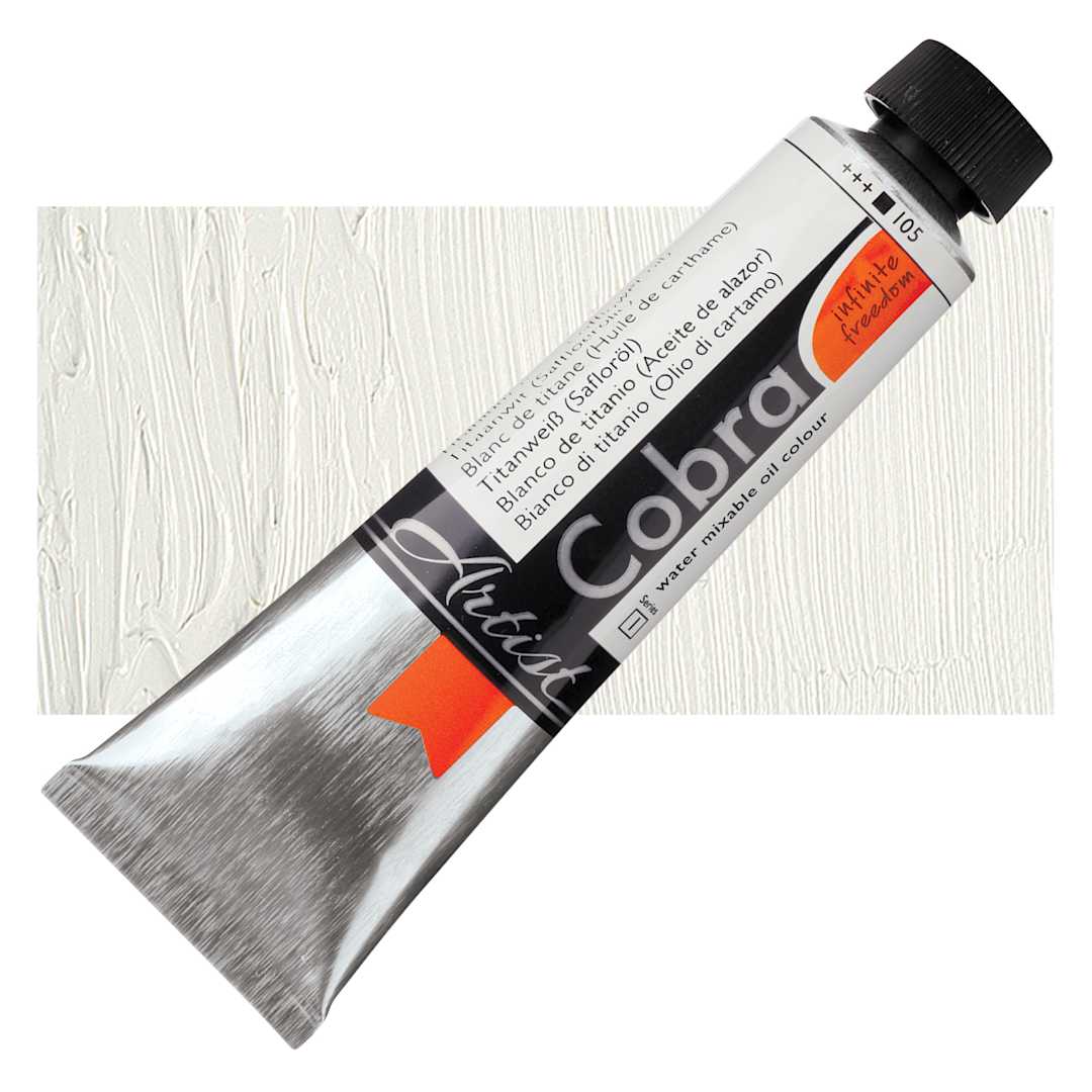 Open in modal - Cobra Artist Water Mixable Oil Paint - Titanium White, Safflower Oil, 40 ml tube and swatch