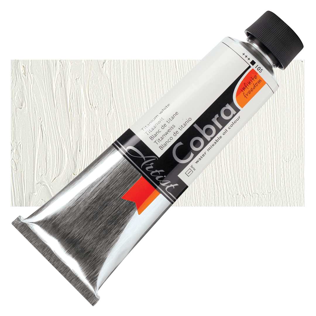 Open in modal - Royal Talens Cobra Water Mixable Oil Paint - Titanium White, 150 ml tube and swatch