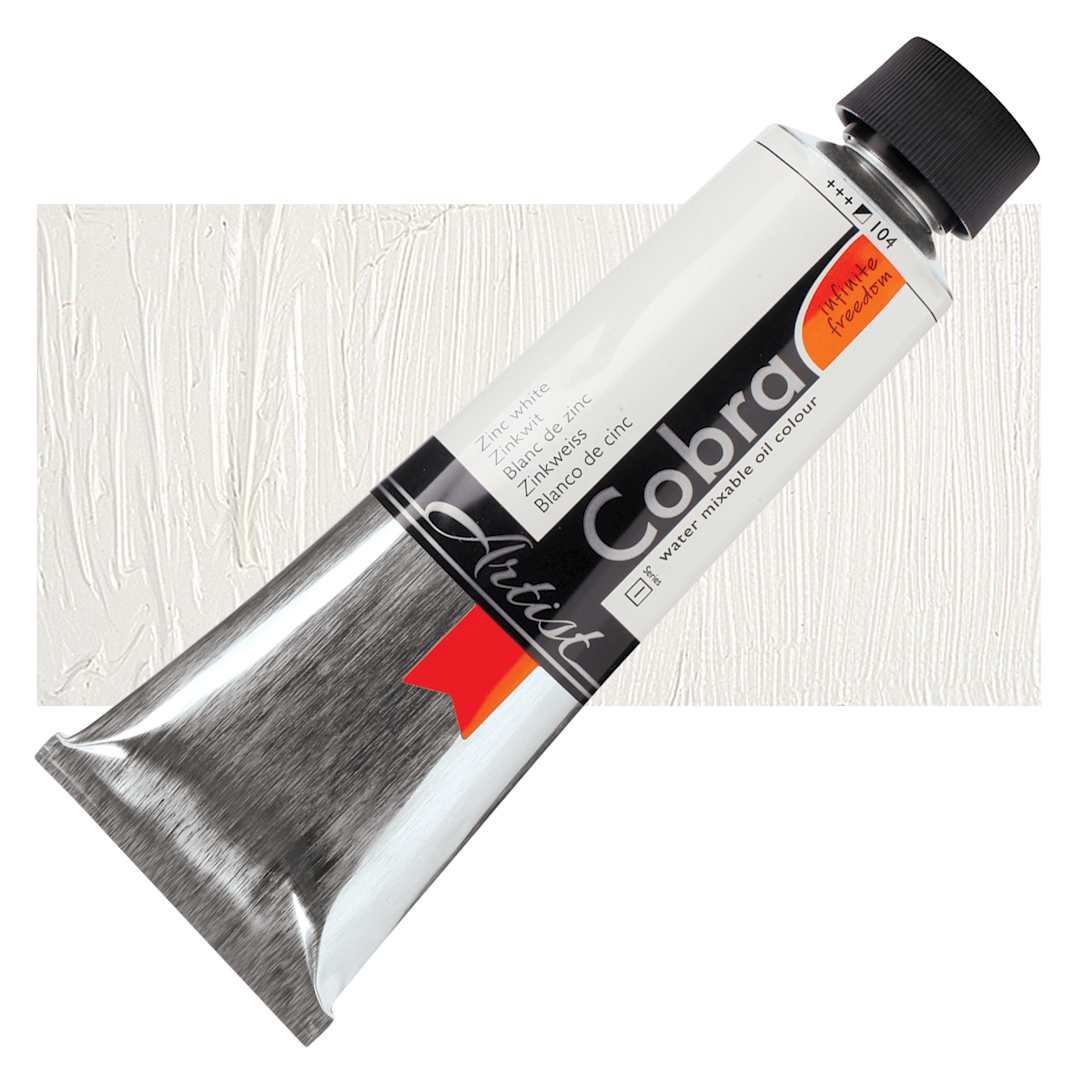 Open in modal - Royal Talens Cobra Water Mixable Oil Paint - Zinc White, 150 ml tube and swatch