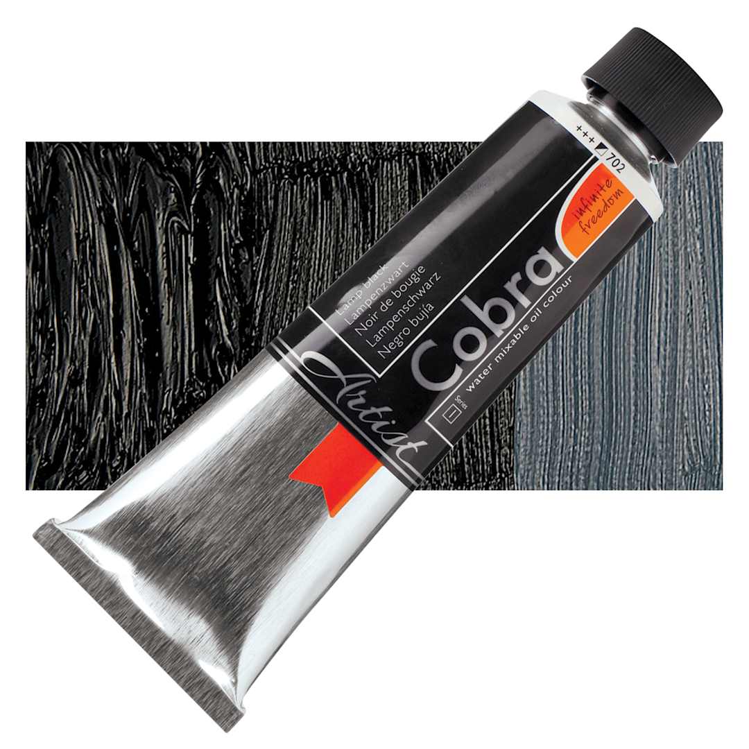 Open in modal - Royal Talens Cobra Water Mixable Oil Paint - Lamp Black, 150 ml tube and swatch