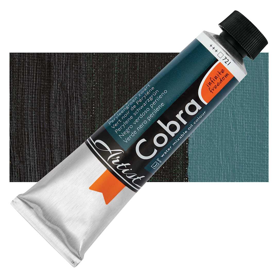 Open in modal - Cobra Artist Water Mixable Oil Paint - Perylene Green Black, 40 ml tube and swatch