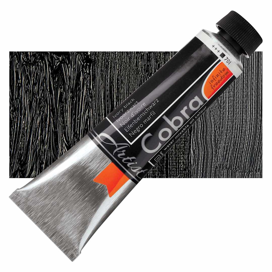Open in modal - Royal Talens Cobra Water Mixable Oil Paint - Ivory Black, 40 ml tube and swatch