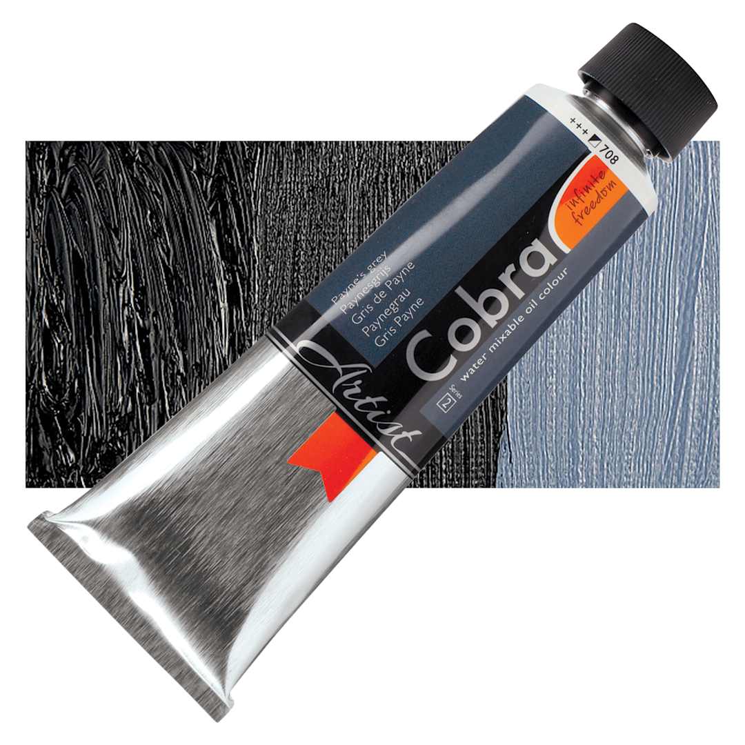 Open in modal - Royal Talens Cobra Water Mixable Oil Paint - Payne's Gray, 150 ml tube and swatch