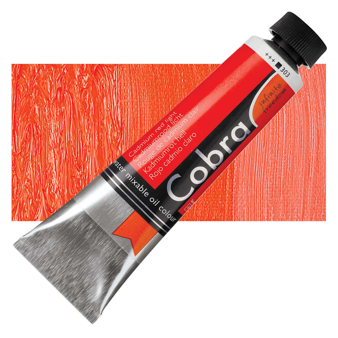 Open in modal - Royal Talens Cobra Water Mixable Oil Paint - Cadmium Red Light, 40 ml tube and swatch