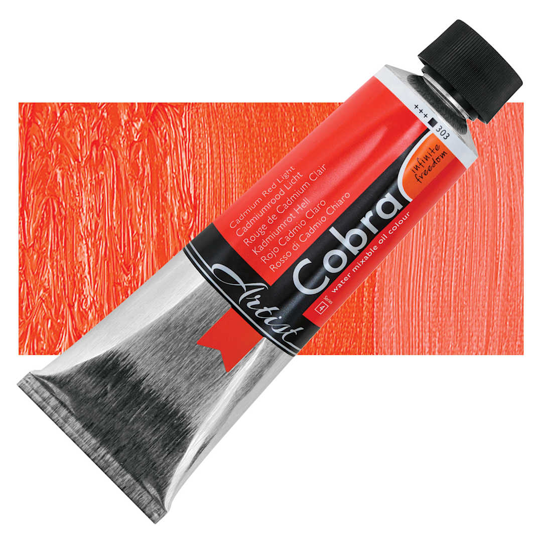 Open in modal - Cobra Artist Water Mixable Oil Paint - Cadmium Red Light, 150 ml tube and swatch