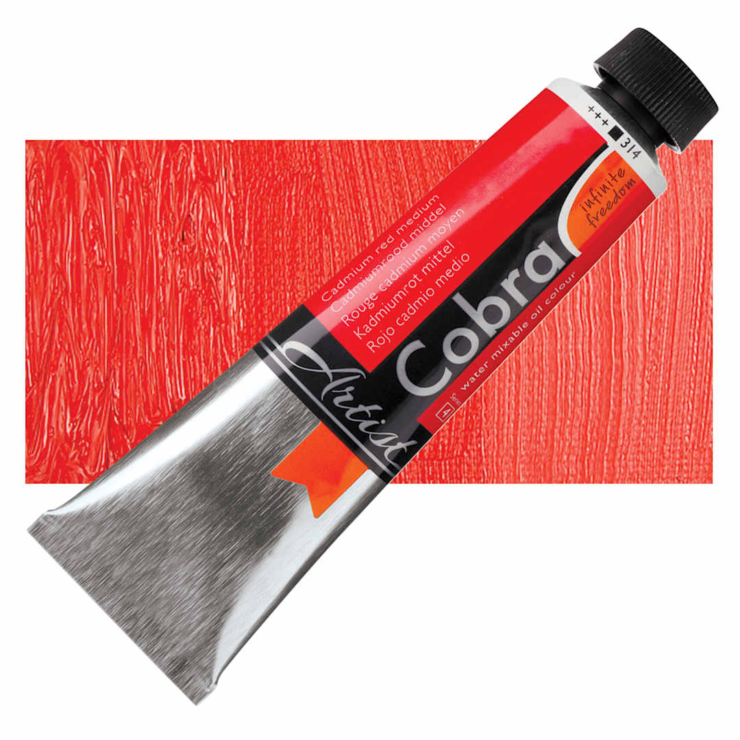 Open in modal - Royal Talens Cobra Water Mixable Oil Paint - Cadmium Red Medium, 40 ml tube and swatch