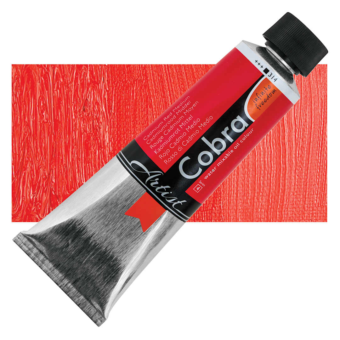 Open in modal - Cobra Artist Water Mixable Oil Paint - Cadmium Red Medium, 150 ml tube and swatch