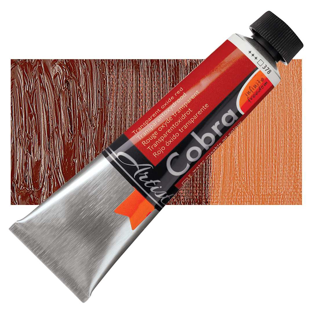Open in modal - Royal Talens Cobra Water Mixable Oil Paint - Transparent Oxide Red, 40 ml tube and swatch