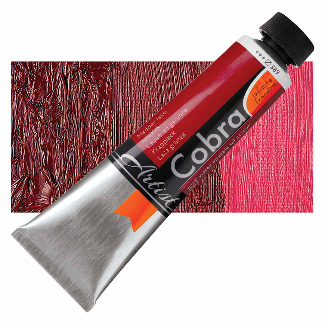 Open in modal - Royal Talens Cobra Water Mixable Oil Paint - Madder Lake, 40 ml tube and swatch