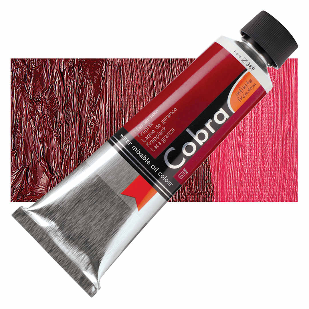 Open in modal - Royal Talens Cobra Water Mixable Oil Paint - Madder Lake, 150 ml tube and swatch