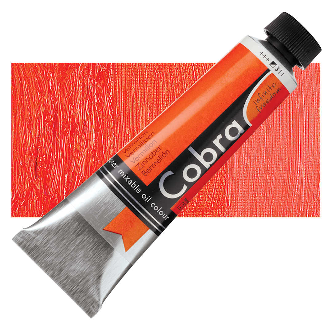 Open in modal - Royal Talens Cobra Water Mixable Oil Paint - Vermilion, 40 ml tube and swatch