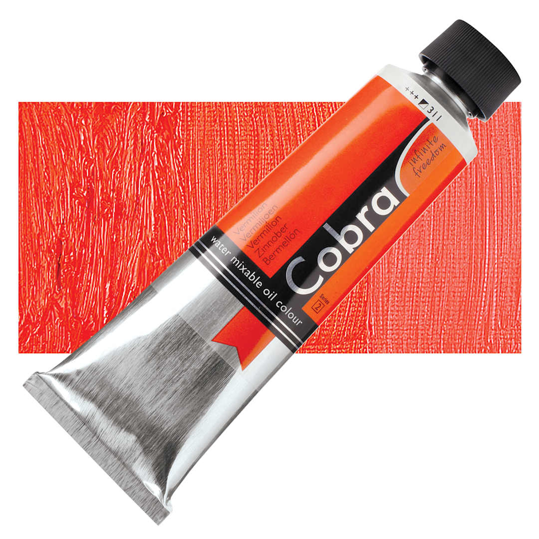 Open in modal - Royal Talens Cobra Water Mixable Oil Paint - Vermilion, 150 ml tube and swatch