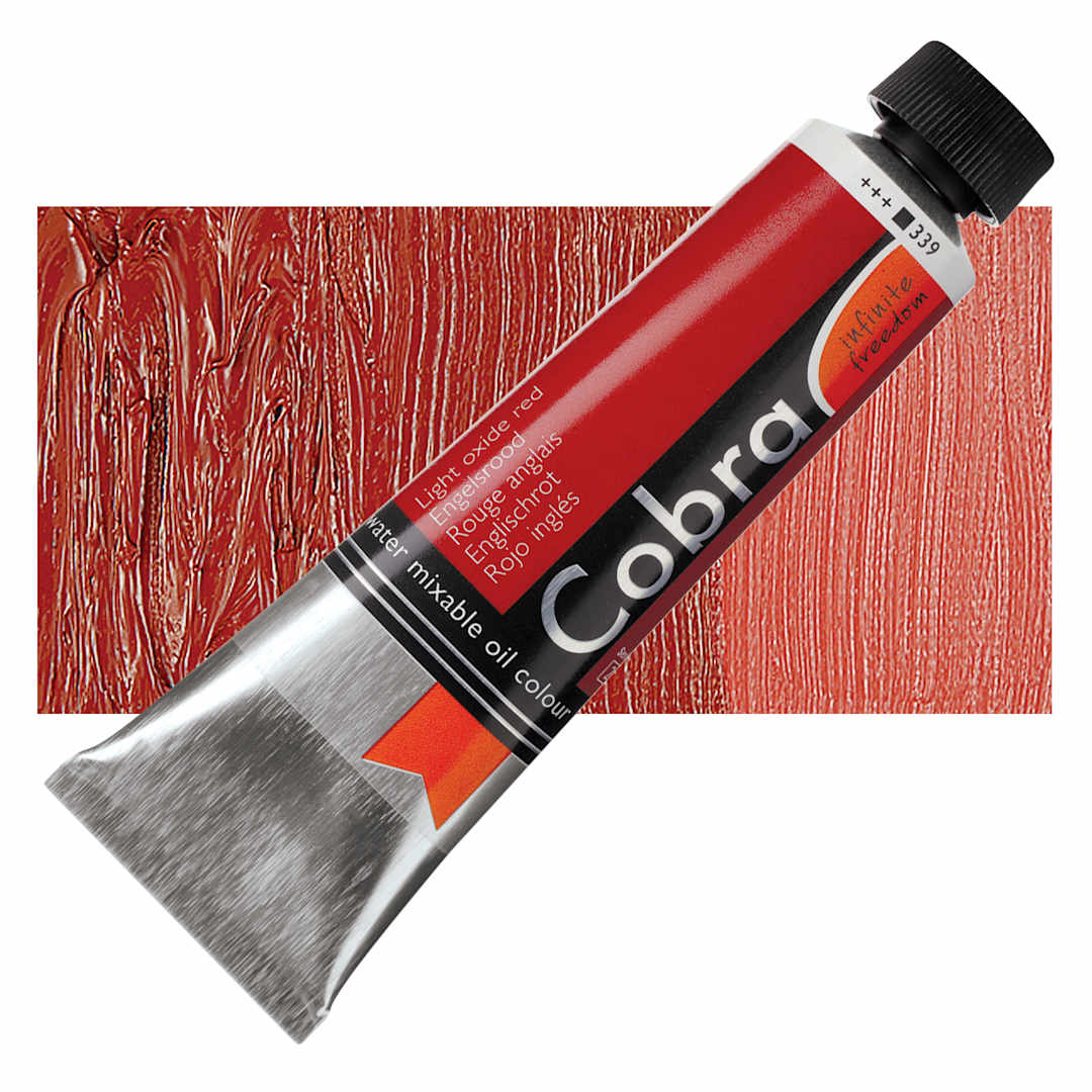 Open in modal - Royal Talens Cobra Water Mixable Oil Paint - Light Oxide Red, 40 ml tube and swatch