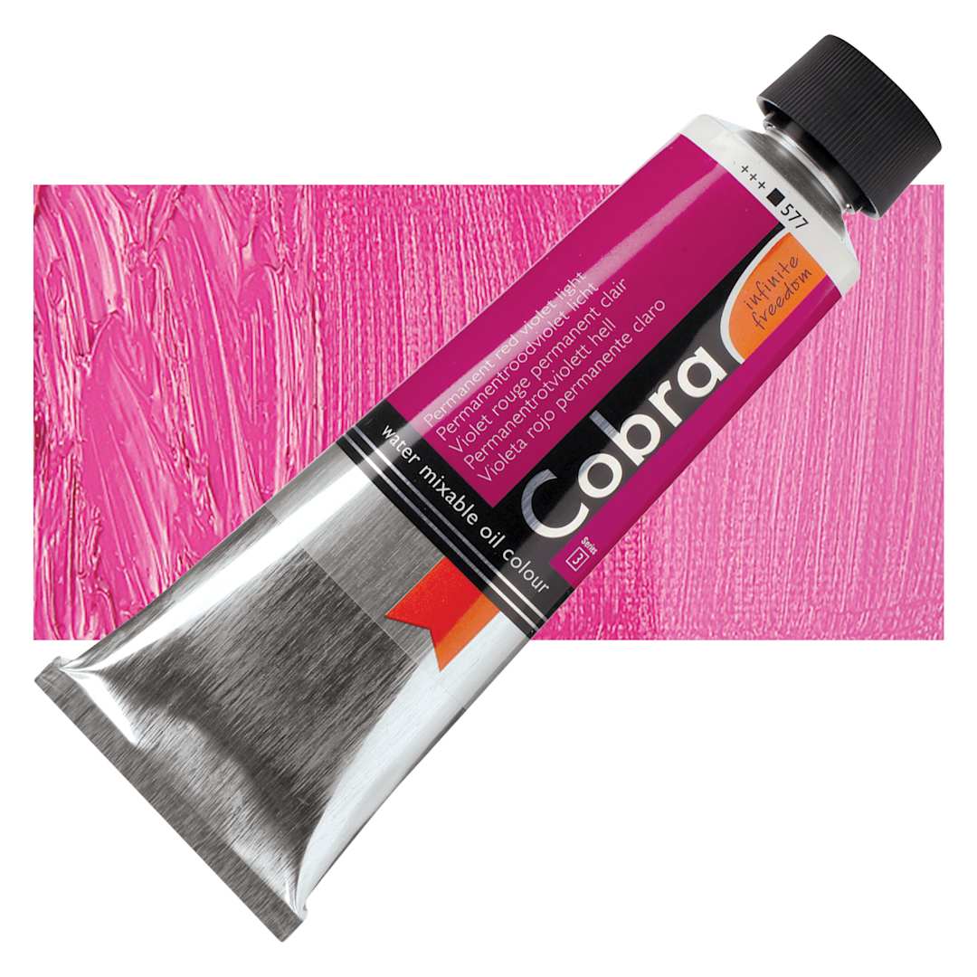 Open in modal - Royal Talens Cobra Water Mixable Oil Paint - Permanent Red Violet Light, 150 ml tube and swatch