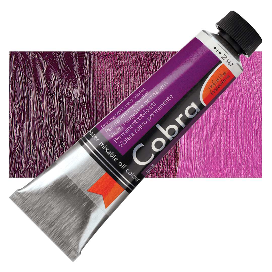 Open in modal - Royal Talens Cobra Water Mixable Oil Paint -  Permanent Red Violet, 40 ml tube and swatch