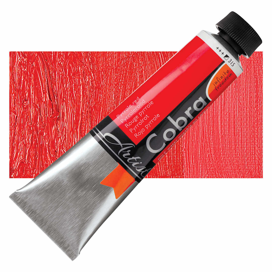 Open in modal - Royal Talens Cobra Water Mixable Oil Paint - Pyrrole Red, 40 ml tube and swatch