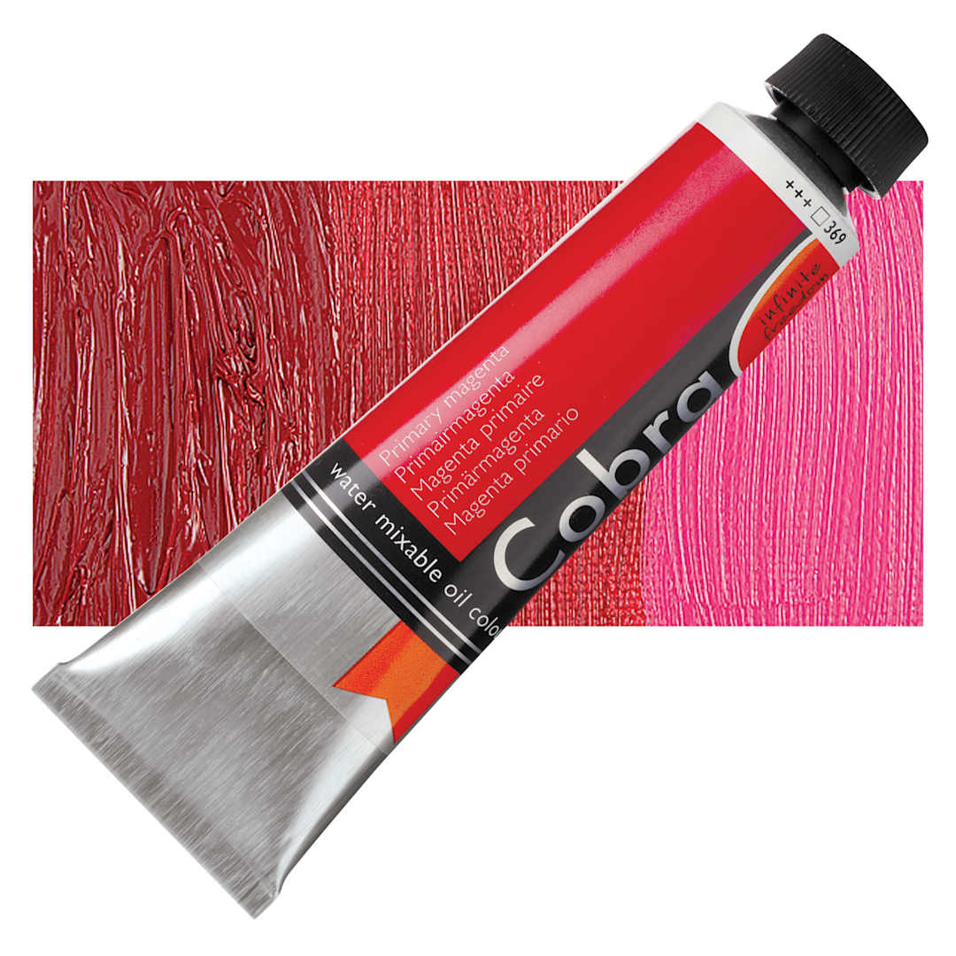 Open in modal - Royal Talens Cobra Water Mixable Oil Paint - Primary Magenta, 40 ml tube and swatch