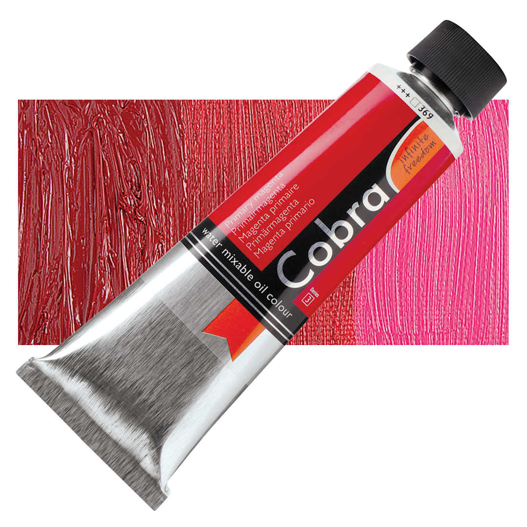 Open in modal - Royal Talens Cobra Water Mixable Oil Paint - Primary Magenta, 150 ml tube and swatch