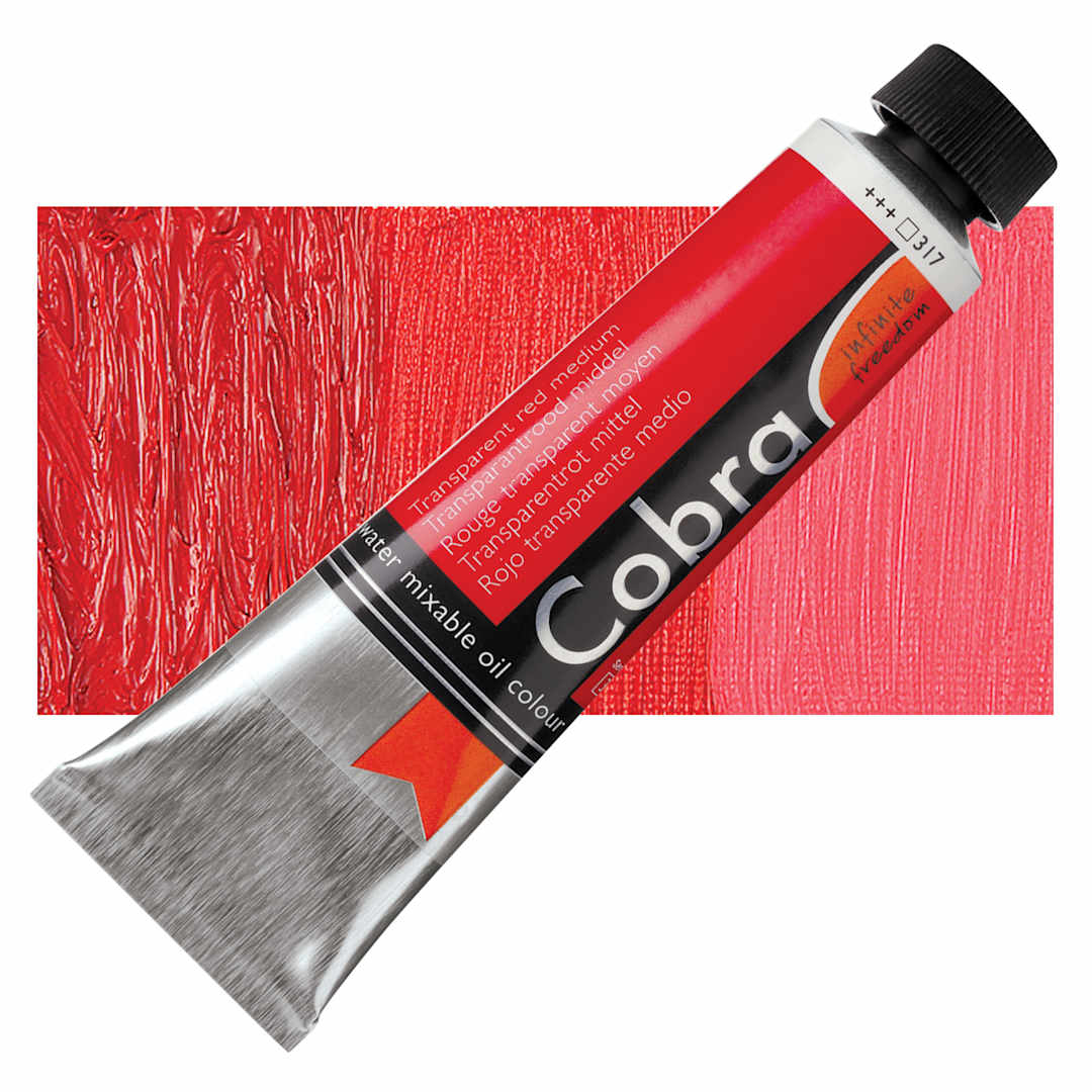 Open in modal - Royal Talens Cobra Water Mixable Oil Paint - Transparent Red Medium, 40 ml tube and swatch