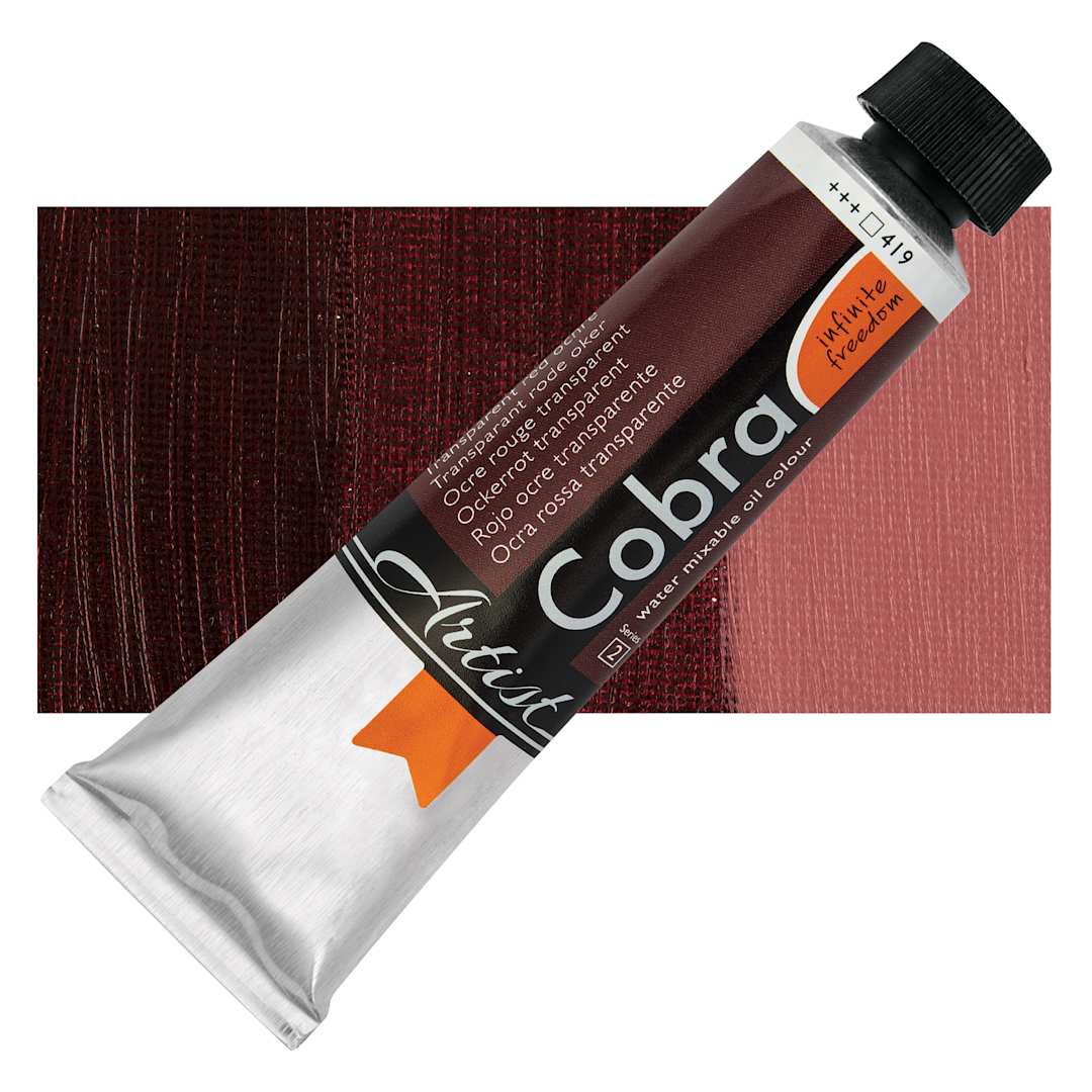 Open in modal - Cobra Artist Water Mixable Oil Paint - Transparent Red Ochre, 40 ml tube and swatch