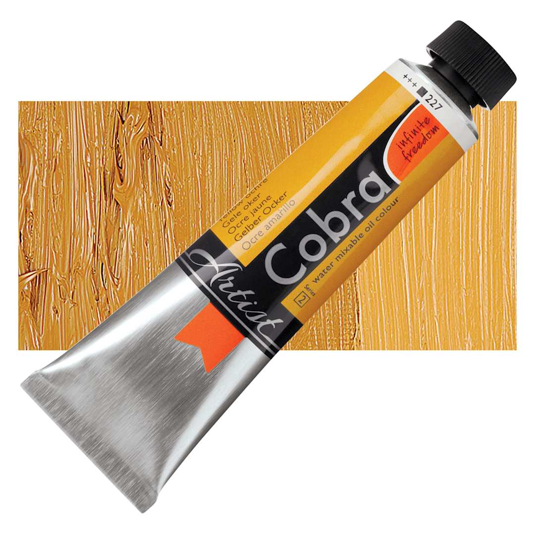 Open in modal - Royal Talens Cobra Water Mixable Oil Paint - Yellow Ochre, 40 ml tube and swatch
