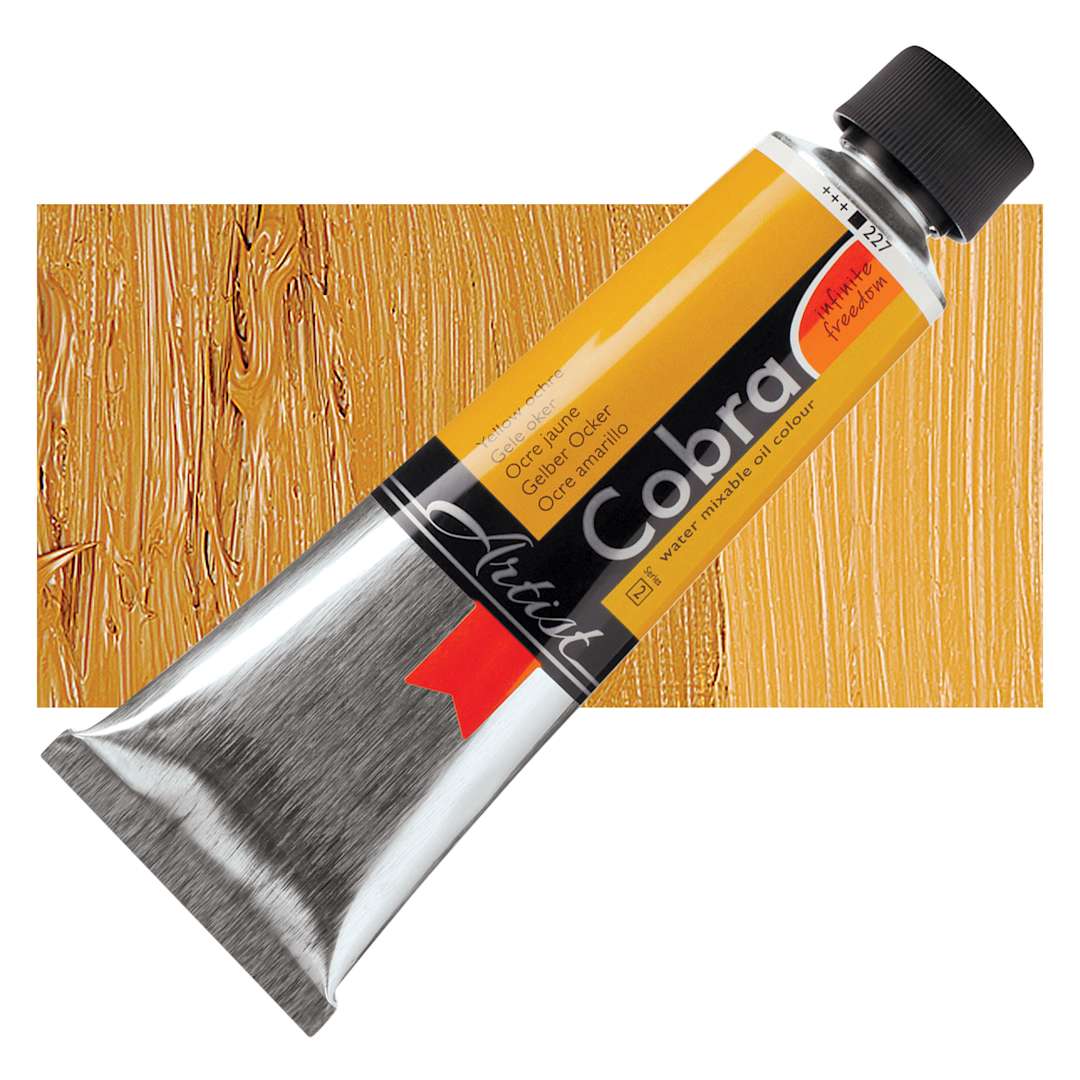 Open in modal - Royal Talens Cobra Water Mixable Oil Paint - Yellow Ochre, 150 ml tube and swatch