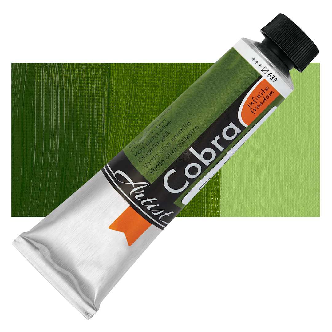 Open in modal - Cobra Artist Water Mixable Oil Paint - Olive Green Yellow, 40 ml tube and swatch