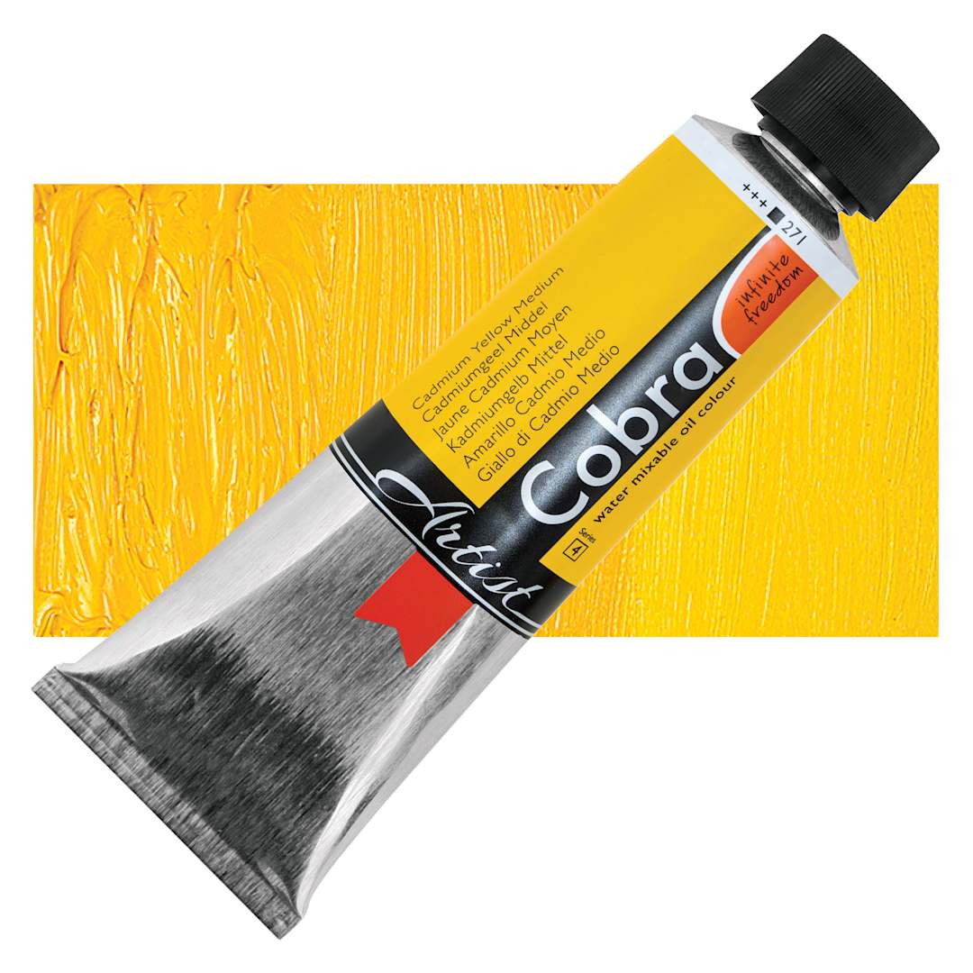 Open in modal - Cobra Artist Water Mixable Oil Paint - Cadmium Yellow Medium, 150 ml tube and swatch