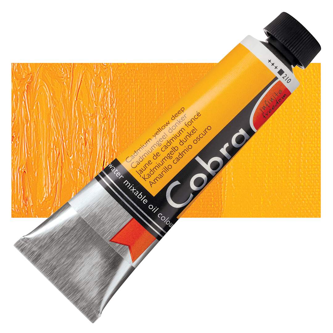 Open in modal - Royal Talens Cobra Water Mixable Oil Paint - Cadmium Yellow Deep, 40 ml tube and swatch