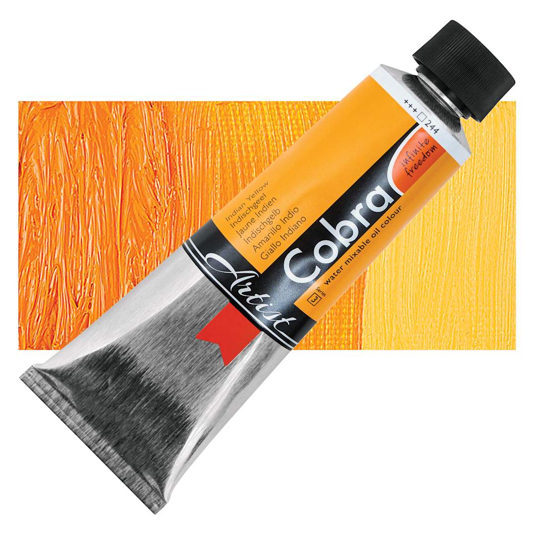Open in modal - Cobra Artist Water Mixable Oil Paint - Indian Yellow, 150 ml tube and swatch