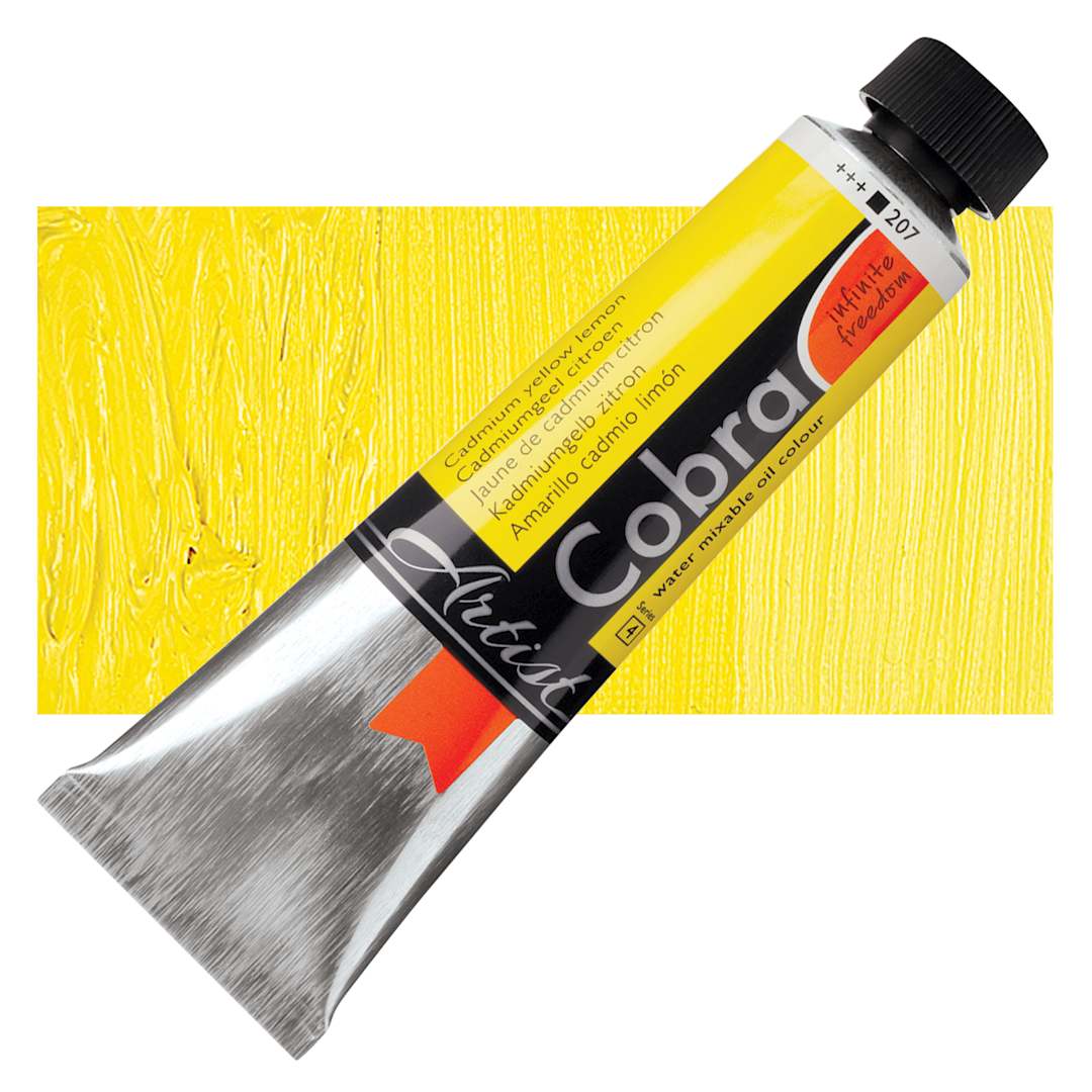 Open in modal - Royal Talens Cobra Water Mixable Oil Paint - Cadmium Yellow Lemon, 40 ml tube and swatch