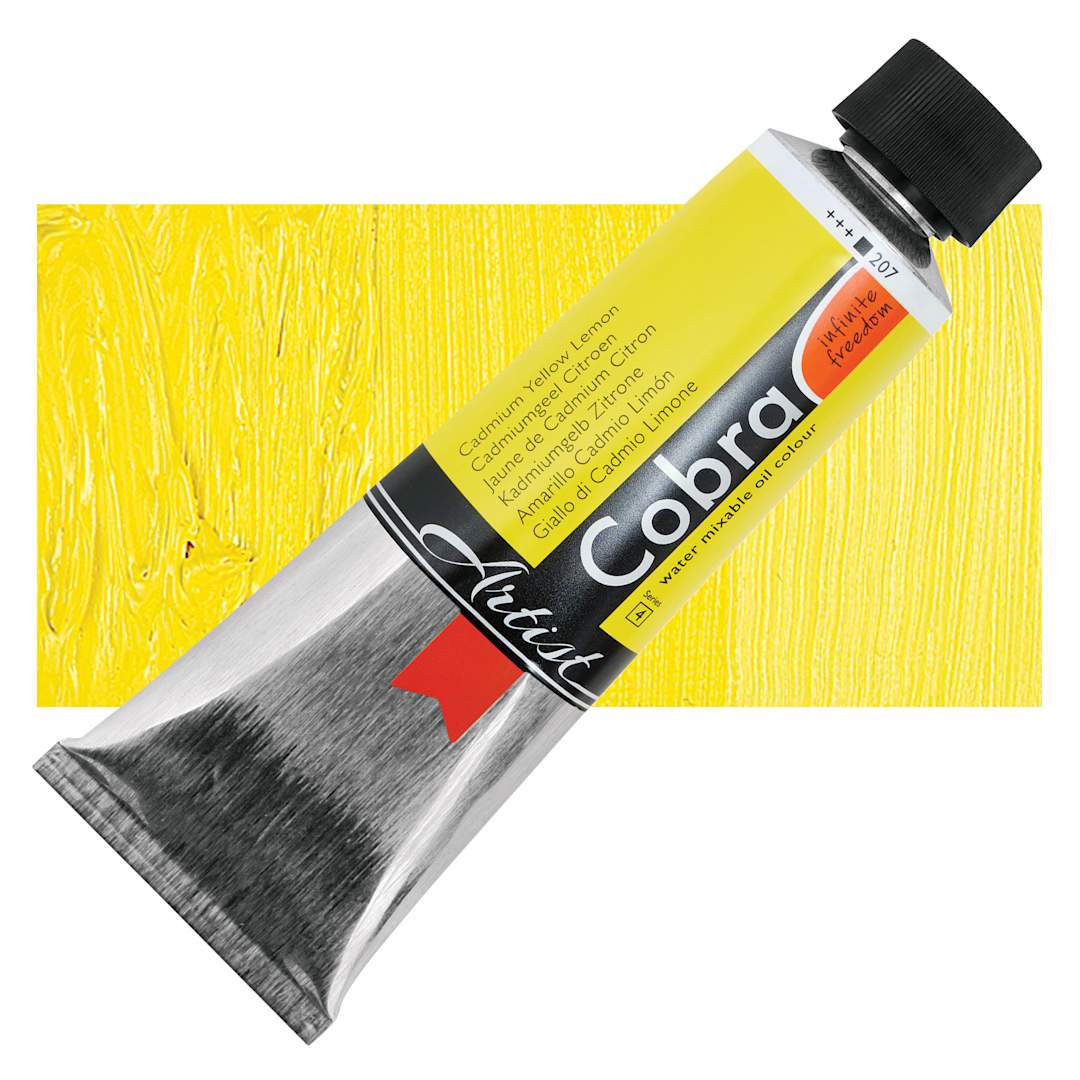 Open in modal - Cobra Artist Water Mixable Oil Paint - Cadmium Yellow Lemon, 150 ml tube and swatch