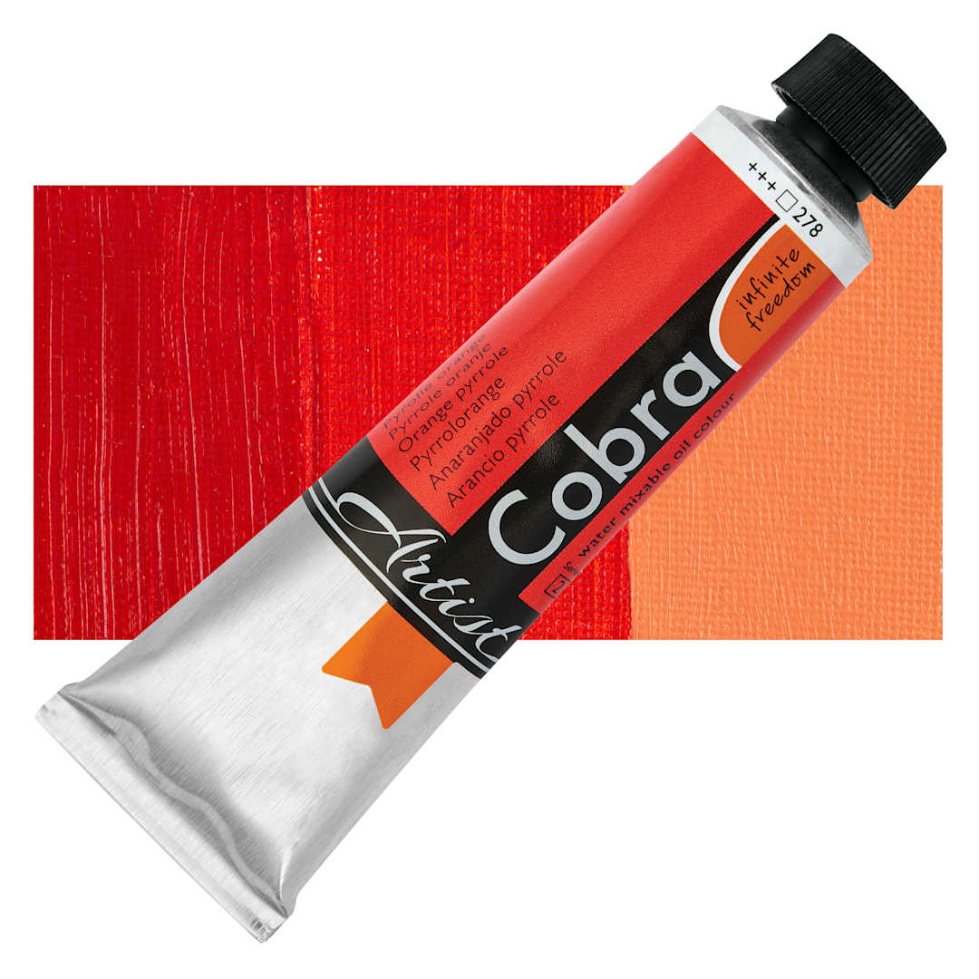 Open in modal - Cobra Artist Water Mixable Oil Paint - Pyrolle Orange, 40 ml tube and swatch