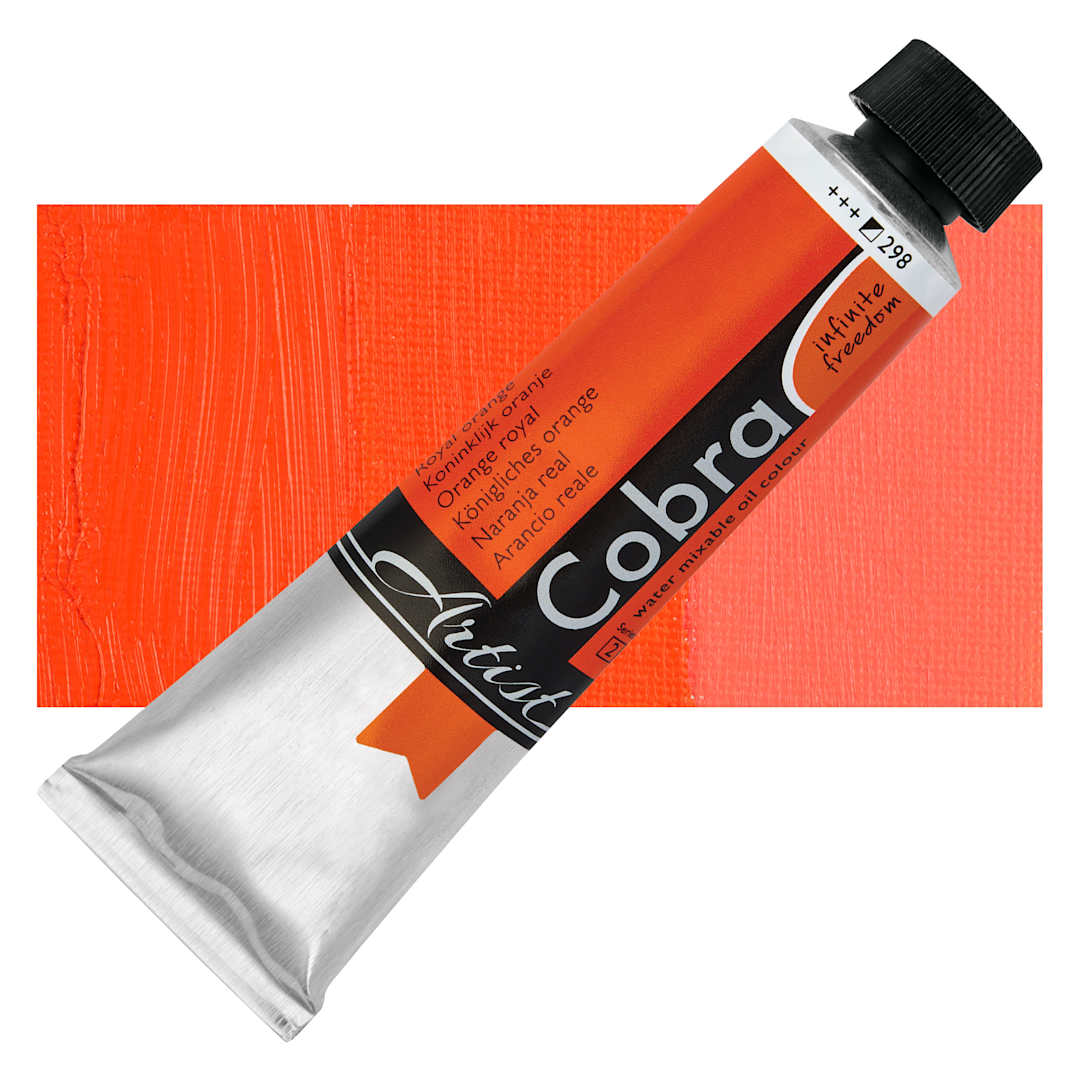Open in modal - Cobra Artist Water Mixable Oil Paint - Royal Orange, 40 ml tube and swatch