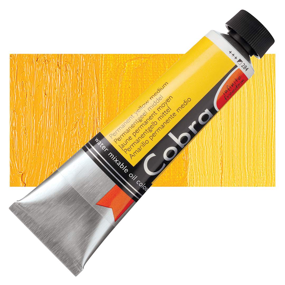 Open in modal - Royal Talens Cobra Water Mixable Oil Paint - Permanent Yellow Medium, 40 ml tube and swatch