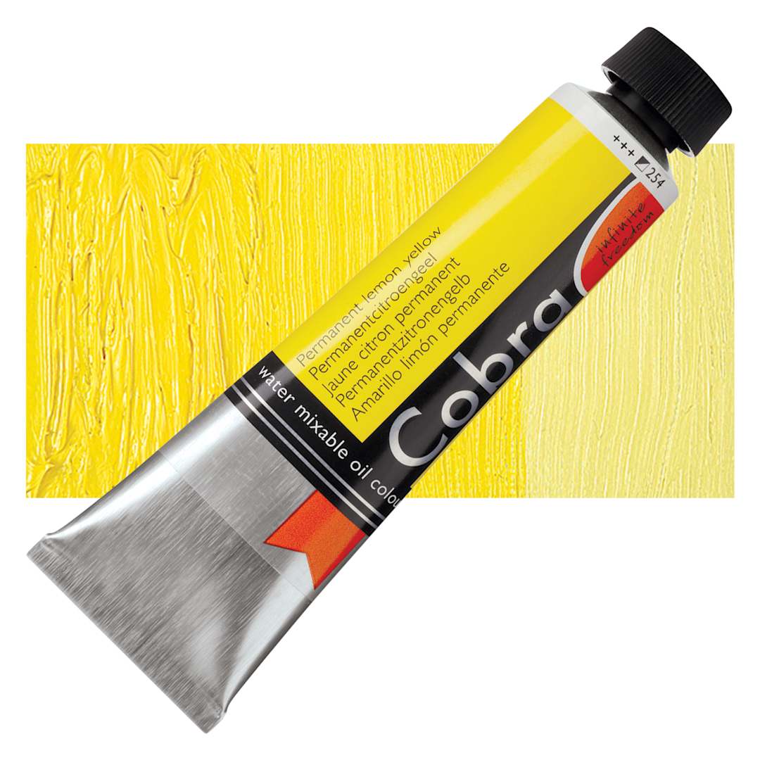 Open in modal - Royal Talens Cobra Water Mixable Oil Paint - Permanent Lemon Yellow, 40 ml tube and swatch