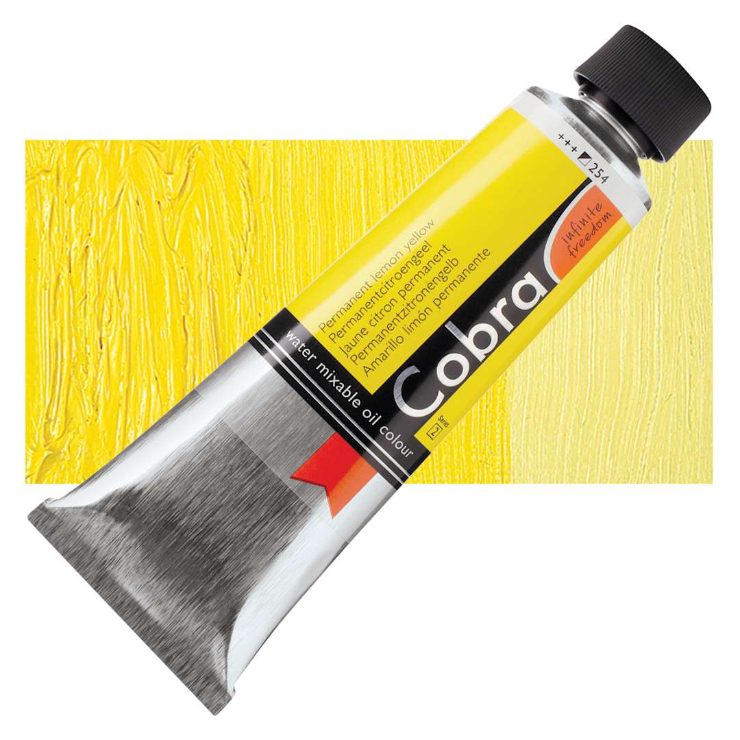 Open in modal - Royal Talens Cobra Water Mixable Oil Paint - Permanent Lemon Yellow, 150 ml tube and swatch