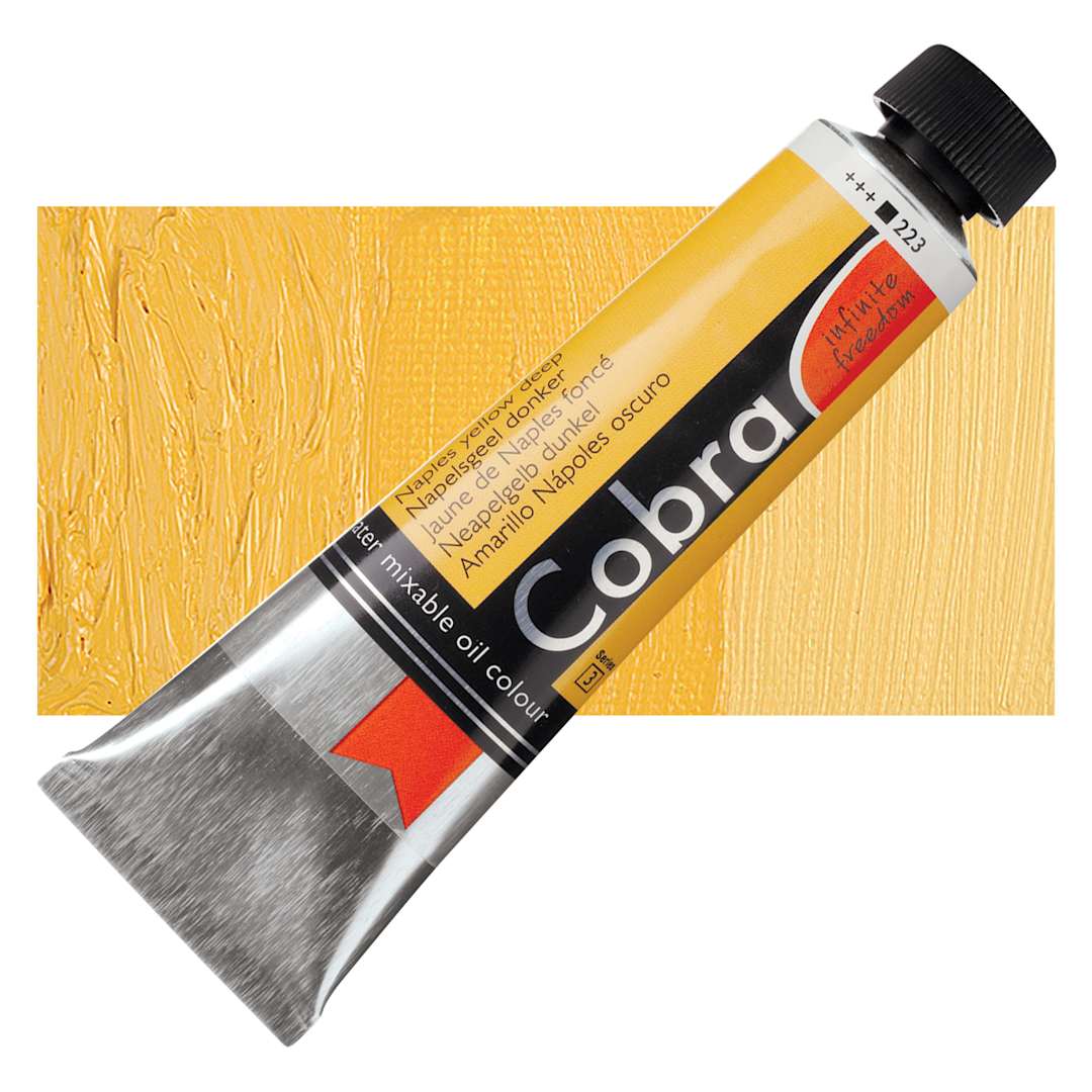 Open in modal - Royal Talens Cobra Water Mixable Oil Paint - Naples Yellow Deep, 40 ml tube and swatch