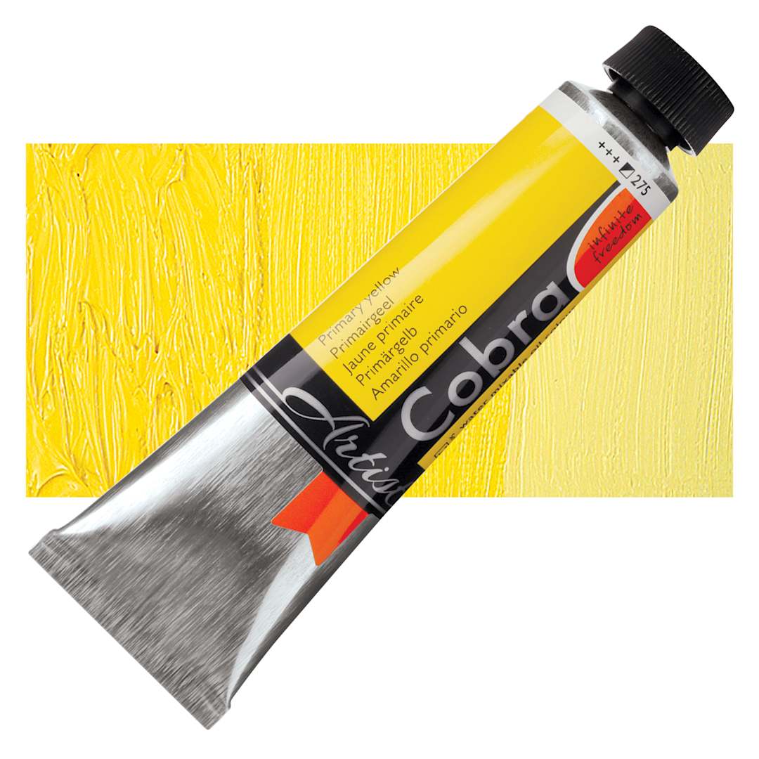 Open in modal - Royal Talens Cobra Water Mixable Oil Paint - Primary Yellow, 40 ml tube and swatch