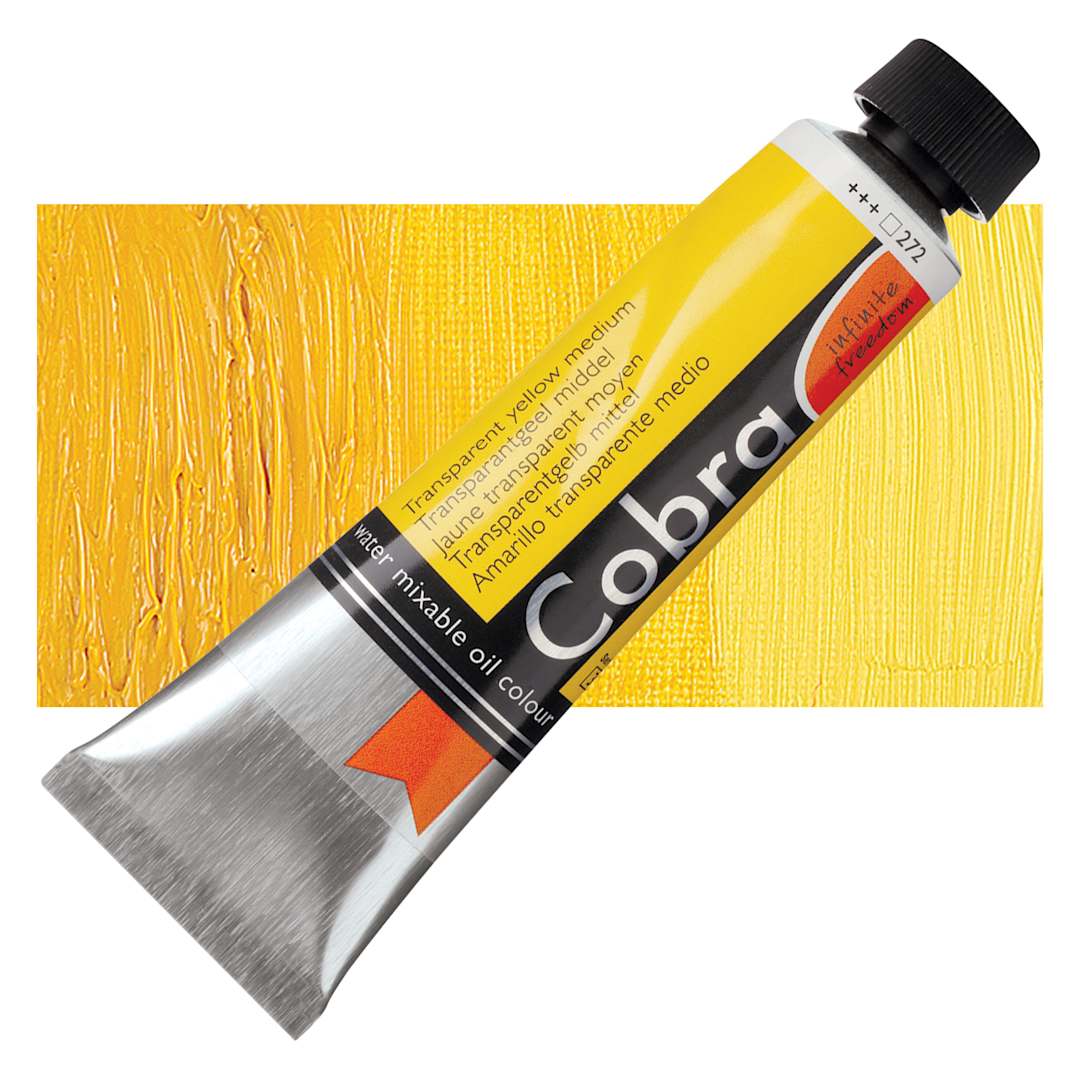 Open in modal - Royal Talens Cobra Water Mixable Oil Paint - Transparent Yellow Medium, 40 ml tube and swatch