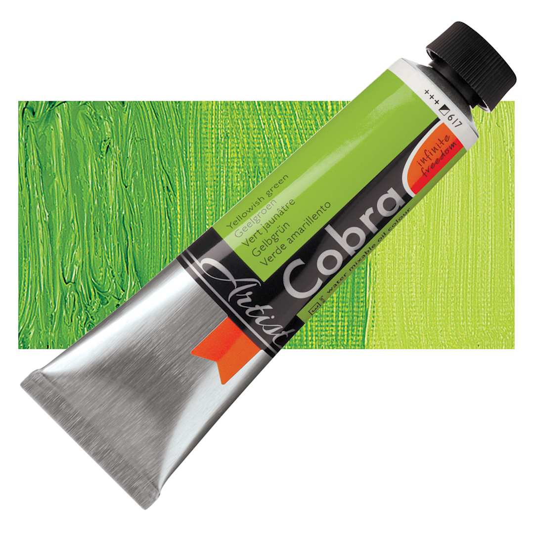 Open in modal - Royal Talens Cobra Water Mixable Oil Paint - Yellowish Green, 40 ml tube and swatch