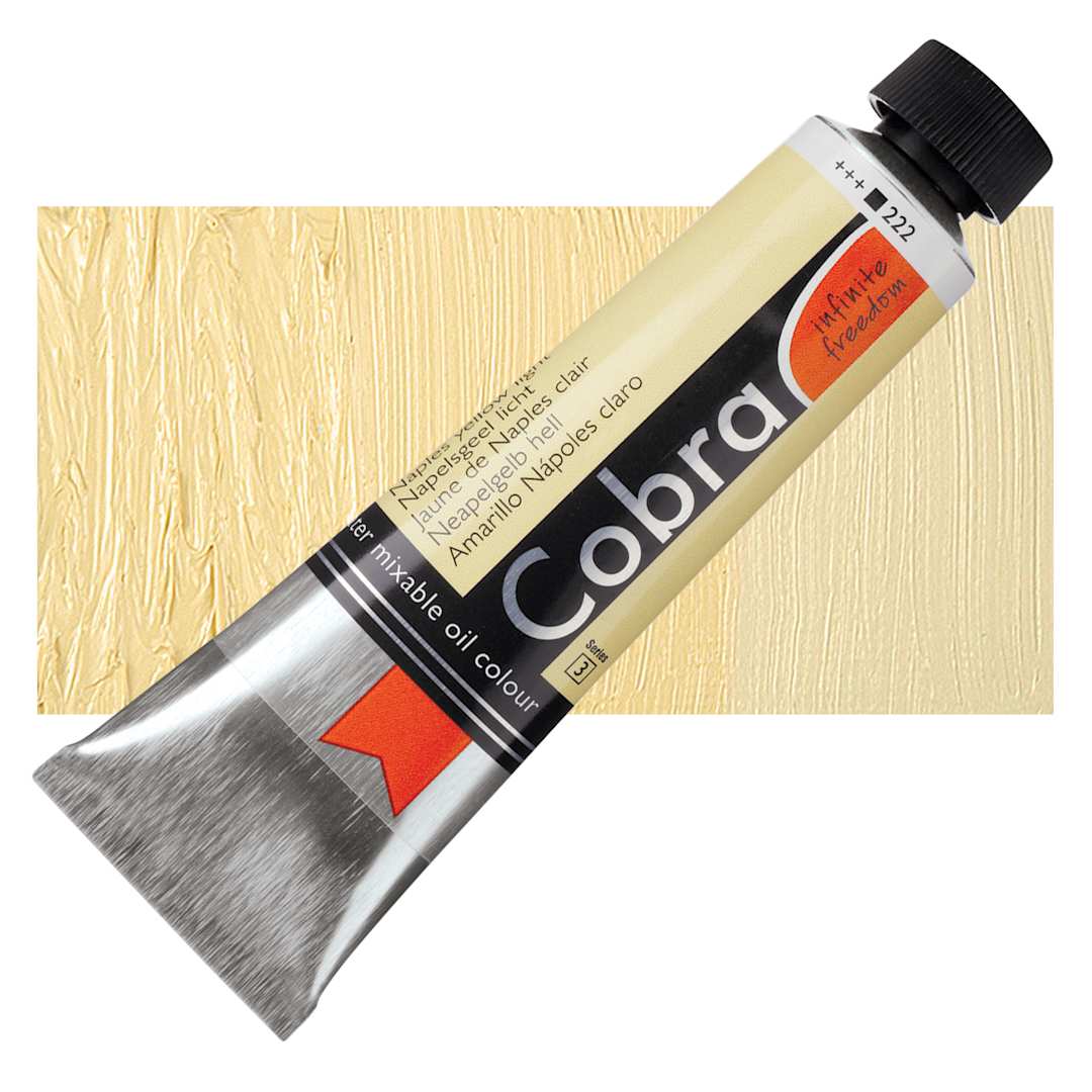 Open in modal - Royal Talens Cobra Water Mixable Oil Paint - Naples Yellow Light, 40 ml tube and swatch
